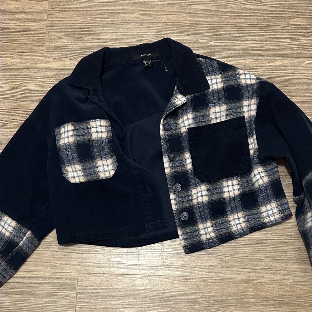 Forever 21 Navy and Cream Plaid Utility Jacket